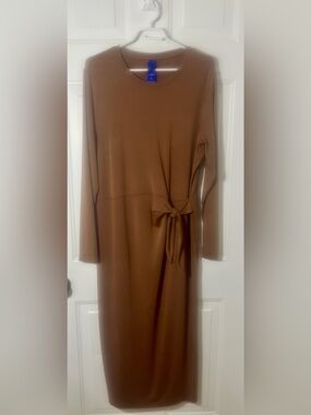 Kit and Ace Brushed French Terry Long Sleeve Tie-Waist Dress - Cognac Brown